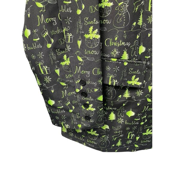 Mens Christmas Holiday Suit Blazer Pants Tie Black Green Festive L Polyester - Picture 4 of 4